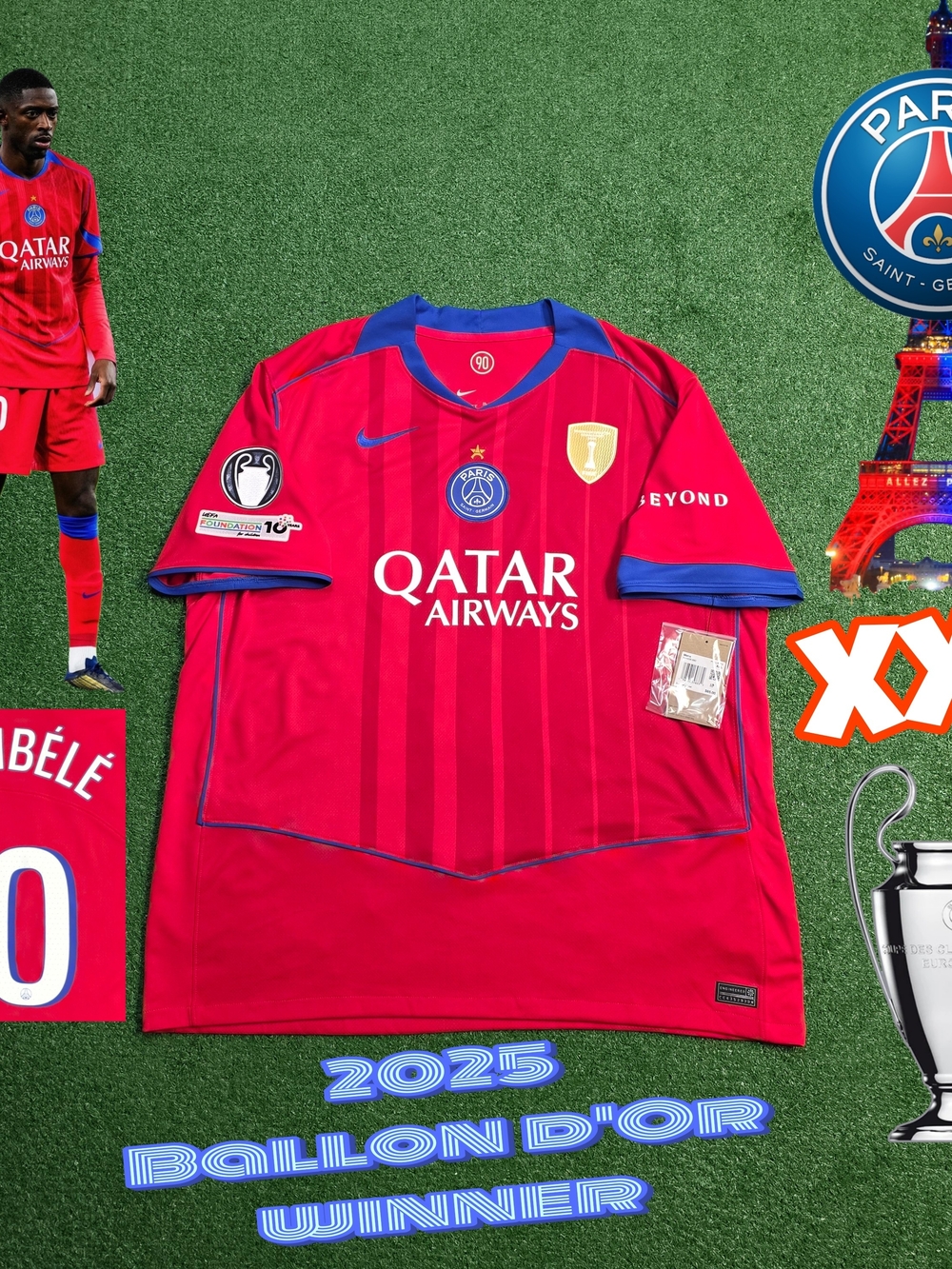 Nike PSG Ousmane Dembele #10 2025/2026 Red Total 90 Jersey UCL Patches XXL
